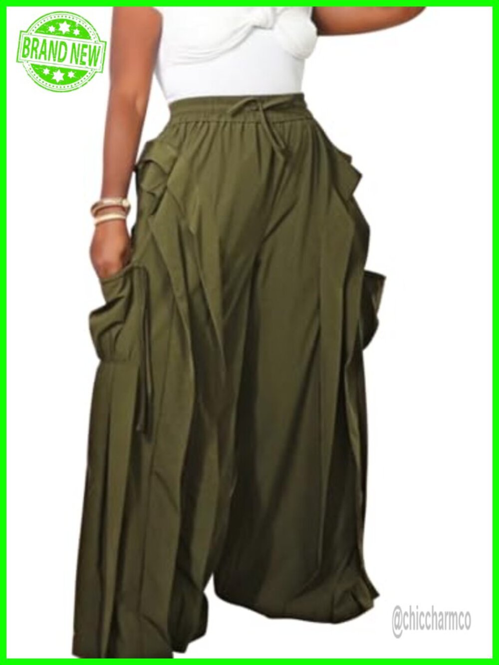 Ruffle Patchwork Cargo Wide Leg Parachute Pants Polyester Blend